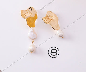 Vintage Geometric Metal Pearl Asymmetric Earrings