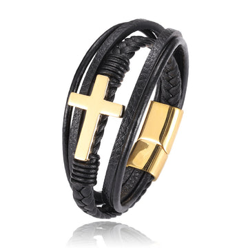 Multi Layer Braided Stainless Steel Cross Bracelet
