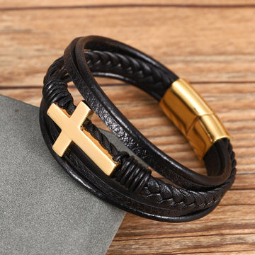 Multi Layer Braided Stainless Steel Cross Bracelet
