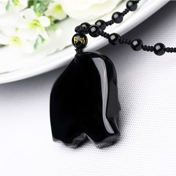 Obsidian Wealth Absorbing Elephant Pendant Necklace