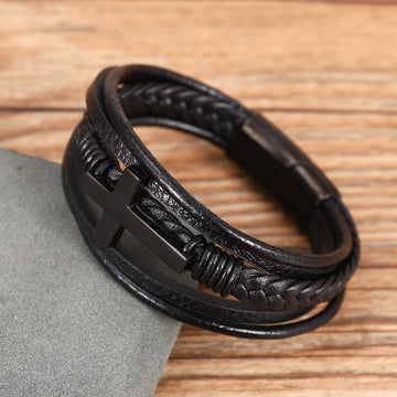 Multi Layer Braided Stainless Steel Cross Bracelet