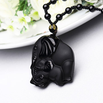 Obsidian Wealth Absorbing Elephant Pendant Necklace