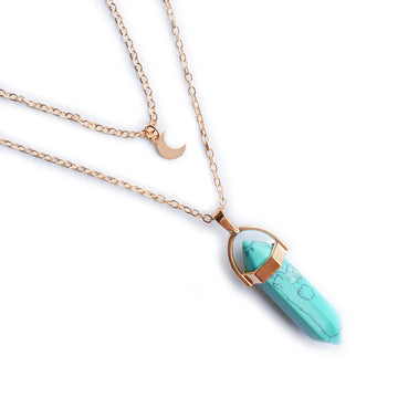 Moon Hexagonal Column Pendant Necklace For
