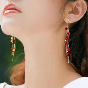 Flower Long Earrings Wild Red Rose