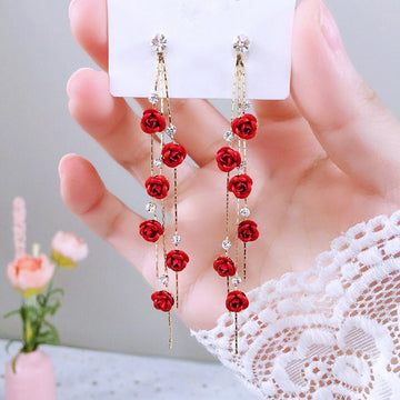 Flower Long Earrings Wild Red Rose