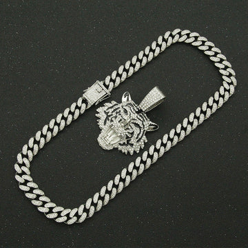 Cool Full Diamond Tiger Head Pendant Necklace