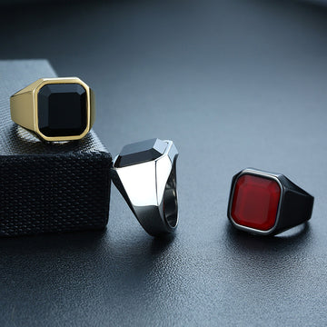 Men'S Stainless Steel Black Agate Ring