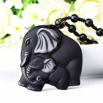 Obsidian Wealth Absorbing Elephant Pendant Necklace