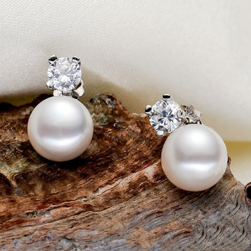 Round Pearl Stud Earrings In Silver
