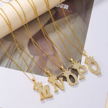 Fashionable Gold Diamond Crown Uppercase Letter Necklace