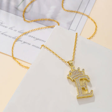 Fashionable Gold Diamond Crown Uppercase Letter Necklace
