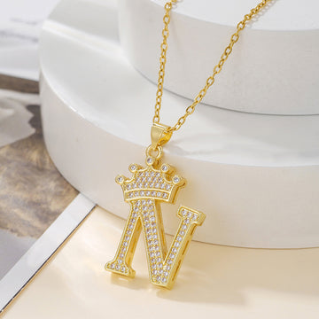 Fashionable Gold Diamond Crown Uppercase Letter Necklace
