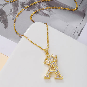 Fashionable Gold Diamond Crown Uppercase Letter Necklace