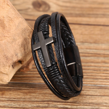 Multi Layer Braided Stainless Steel Cross Bracelet