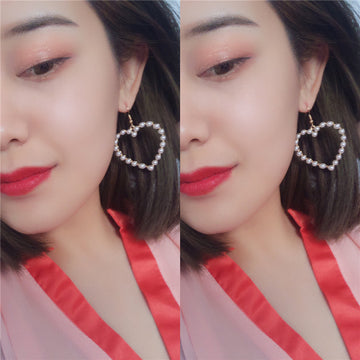 Cute Peach Heart Pierced Pearl Earrings