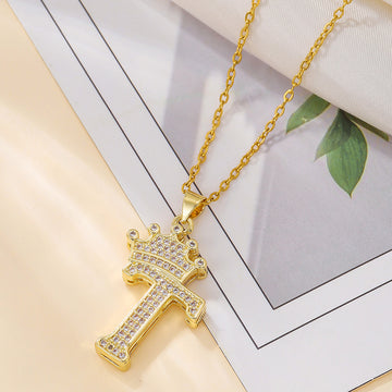 Fashionable Gold Diamond Crown Uppercase Letter Necklace