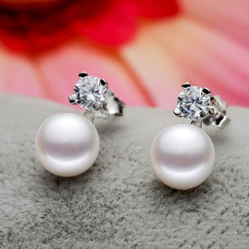 Round Pearl Stud Earrings In Silver