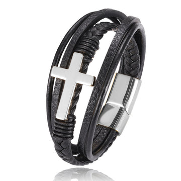 Multi Layer Braided Stainless Steel Cross Bracelet