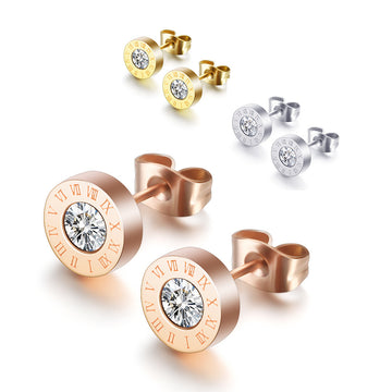 Roman Numerals Diamond Stud Earrings Titanium