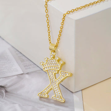 Fashionable Gold Diamond Crown Uppercase Letter Necklace