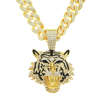 Cool Full Diamond Tiger Head Pendant Necklace