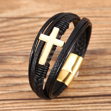 Multi Layer Braided Stainless Steel Cross Bracelet