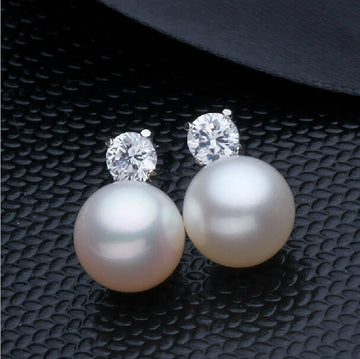 Round Pearl Stud Earrings In Silver