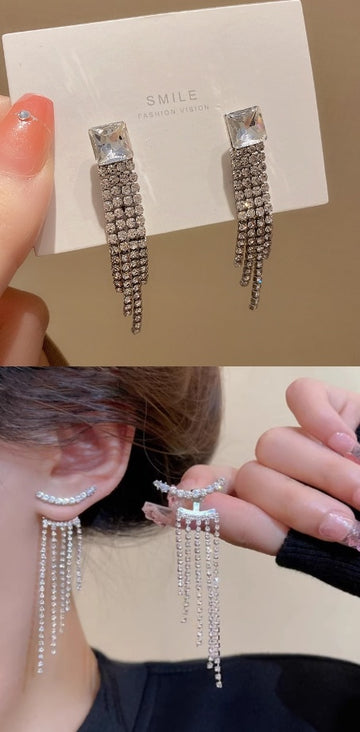 Sterling Silver Needle Sparkling Long Fringed