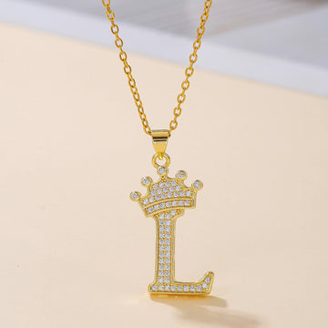 Fashionable Gold Diamond Crown Uppercase Letter Necklace