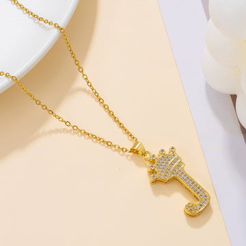 Fashionable Gold Diamond Crown Uppercase Letter Necklace