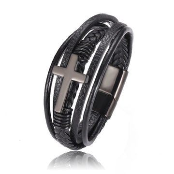 Multi Layer Braided Stainless Steel Cross Bracelet