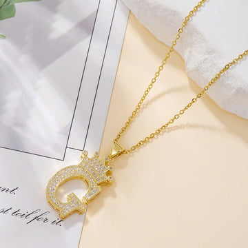 Fashionable Gold Diamond Crown Uppercase Letter Necklace