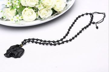 Obsidian Wealth Absorbing Elephant Pendant Necklace