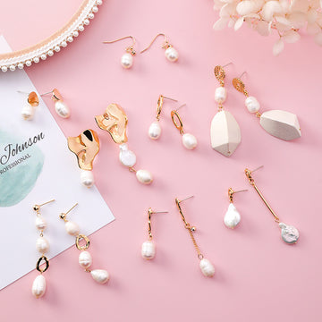Vintage Geometric Metal Pearl Asymmetric Earrings