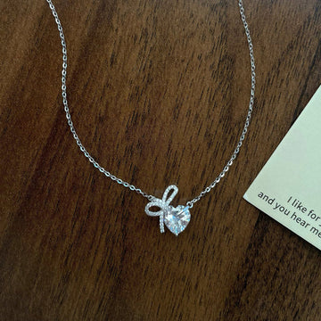 Women'S Diamond Bow Heart Necklace High