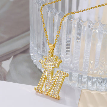 Fashionable Gold Diamond Crown Uppercase Letter Necklace