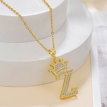 Fashionable Gold Diamond Crown Uppercase Letter Necklace