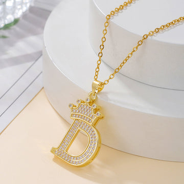 Fashionable Gold Diamond Crown Uppercase Letter Necklace