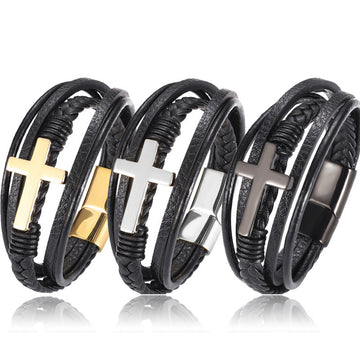 Multi Layer Braided Stainless Steel Cross Bracelet