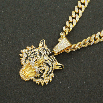 Cool Full Diamond Tiger Head Pendant Necklace