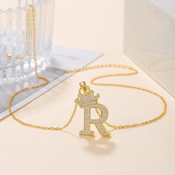 Fashionable Gold Diamond Crown Uppercase Letter Necklace