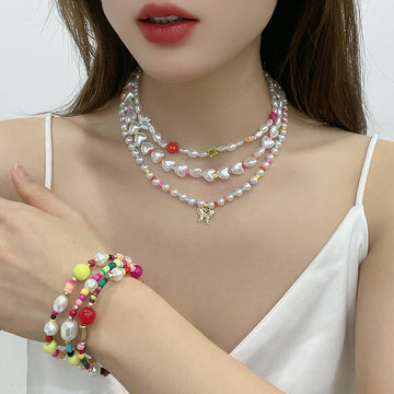 Gold Plated Inlaid Pearl Multi Row Necklace