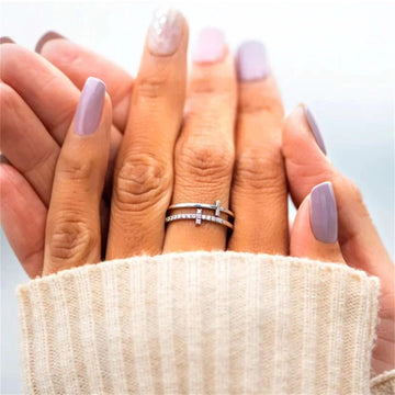 Double Cross Miniature Copper Inlaid Zircon Ring
