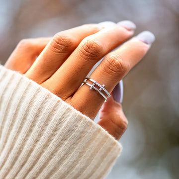 Double Cross Miniature Copper Inlaid Zircon Ring