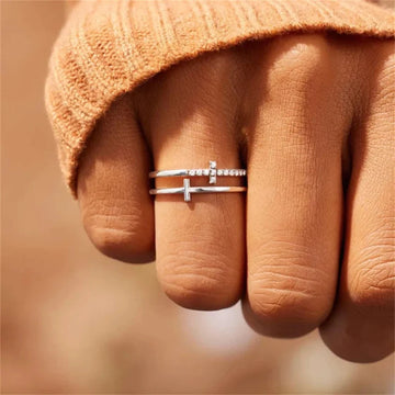 Double Cross Miniature Copper Inlaid Zircon Ring