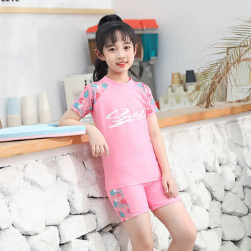 Girls 3Pcs Swimwear Set with Short Sleeve T-Shirt Trunks and Cap Quick Dry Sunscreen Beachwear