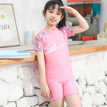 Girls 3Pcs Swimwear Set with Short Sleeve T-Shirt Trunks and Cap Quick Dry Sunscreen Beachwear