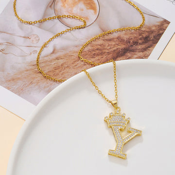 Fashionable Gold Diamond Crown Uppercase Letter Necklace