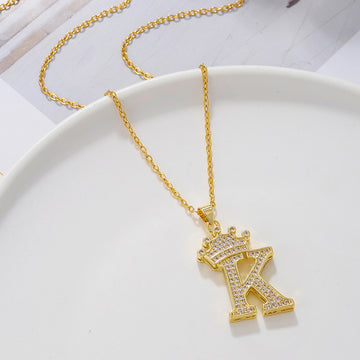 Fashionable Gold Diamond Crown Uppercase Letter Necklace