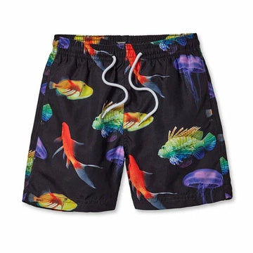 Board Shorts with Neon Fish on Black for Boys